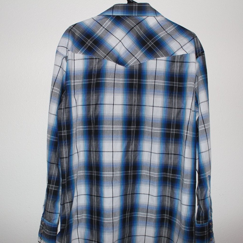 Wrangler Western Wear Long Sleeve Blue Plaid Shirt L (16.5 - 35) - Vintage - Picture 2 of 3